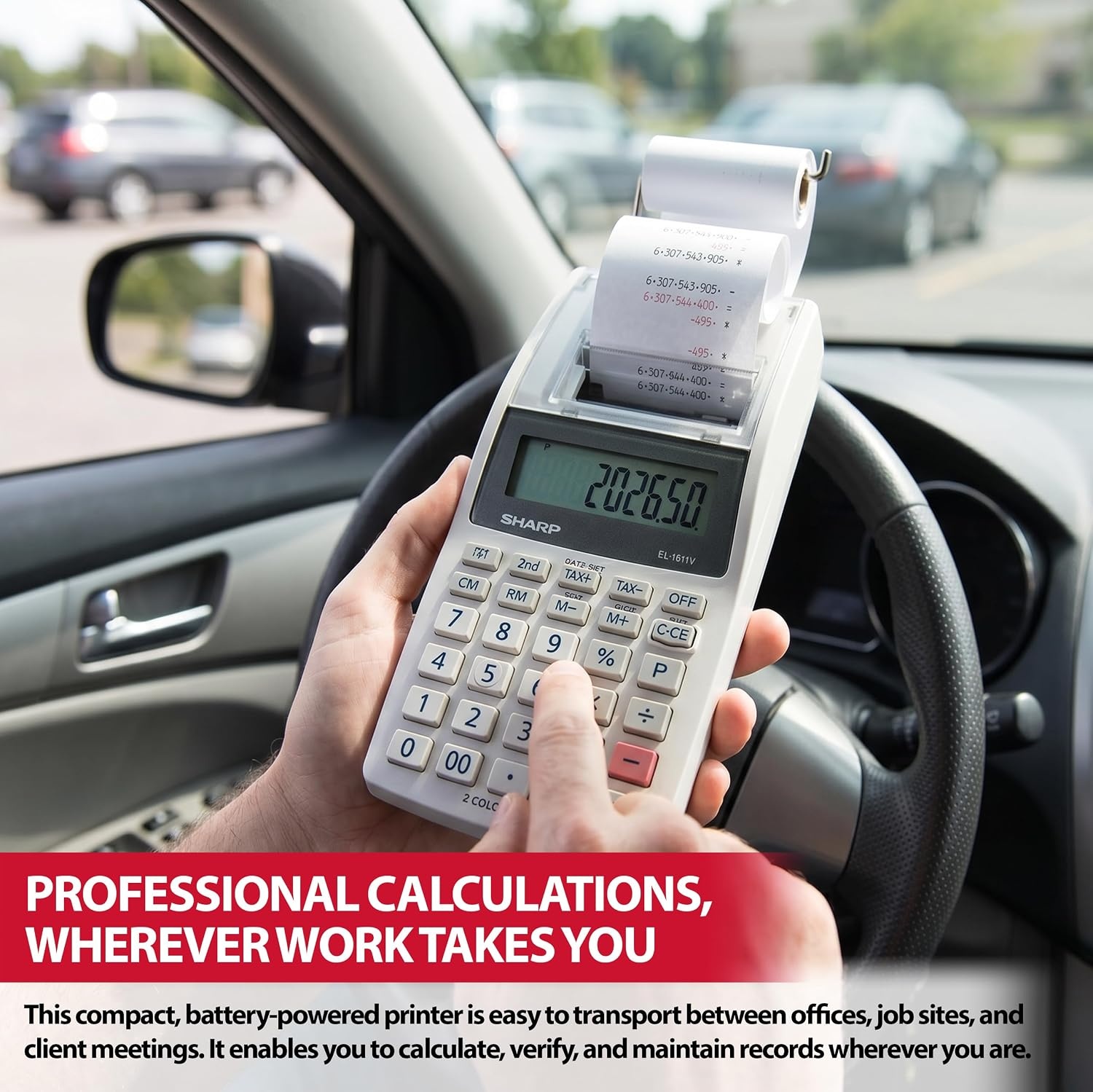 image:imageSharp EL1611V Handheld Portable Cordless 12 Digit Large LCD Display TwoColor Printing Calculator with Tax Functions